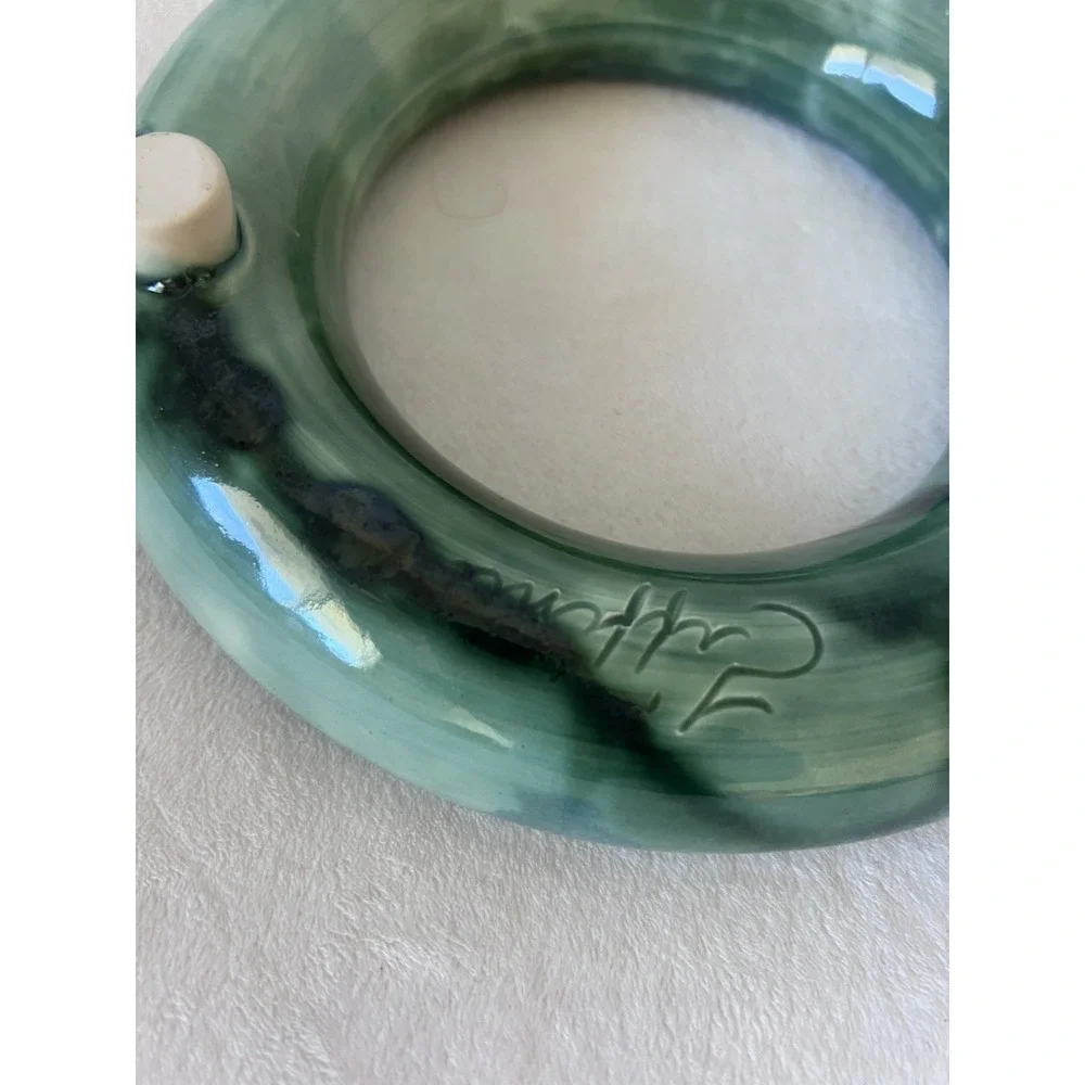 Pottery Ikebana Ring Vase Artist Signed Natural Minimalist Blue Green MCM